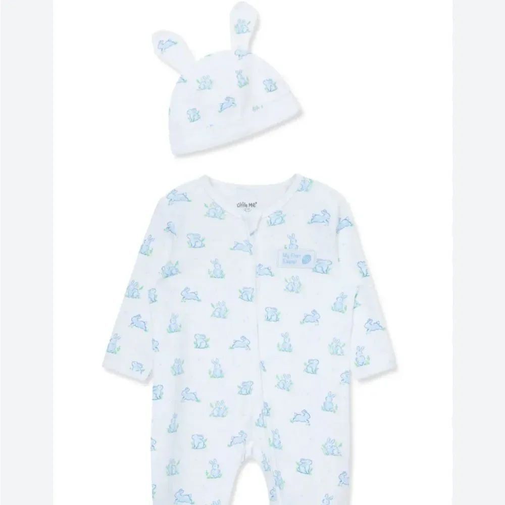 Little Me white and blue bunny My First Easter footie and hat 2 piece set NWT 3m